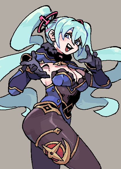 1girl aqua_eyes aqua_hair ass bodystocking breasts capelet cleavage cosplay cowboy_shot elbow_gloves fur_collar gloves gold_trim grey_background hair_between_eyes hair_ornament hairstyle_connection hands_up hatsune_miku jaggy_lines jewelry leg_up leotard long_hair medium_breasts mona_(genshin_impact) mona_(genshin_impact)_(cosplay) nycnouu open_hand open_mouth parted_bangs purple_leotard sidelocks simple_background smile solo sparkle standing teeth thighlet tongue twintails very_long_hair vocaloid