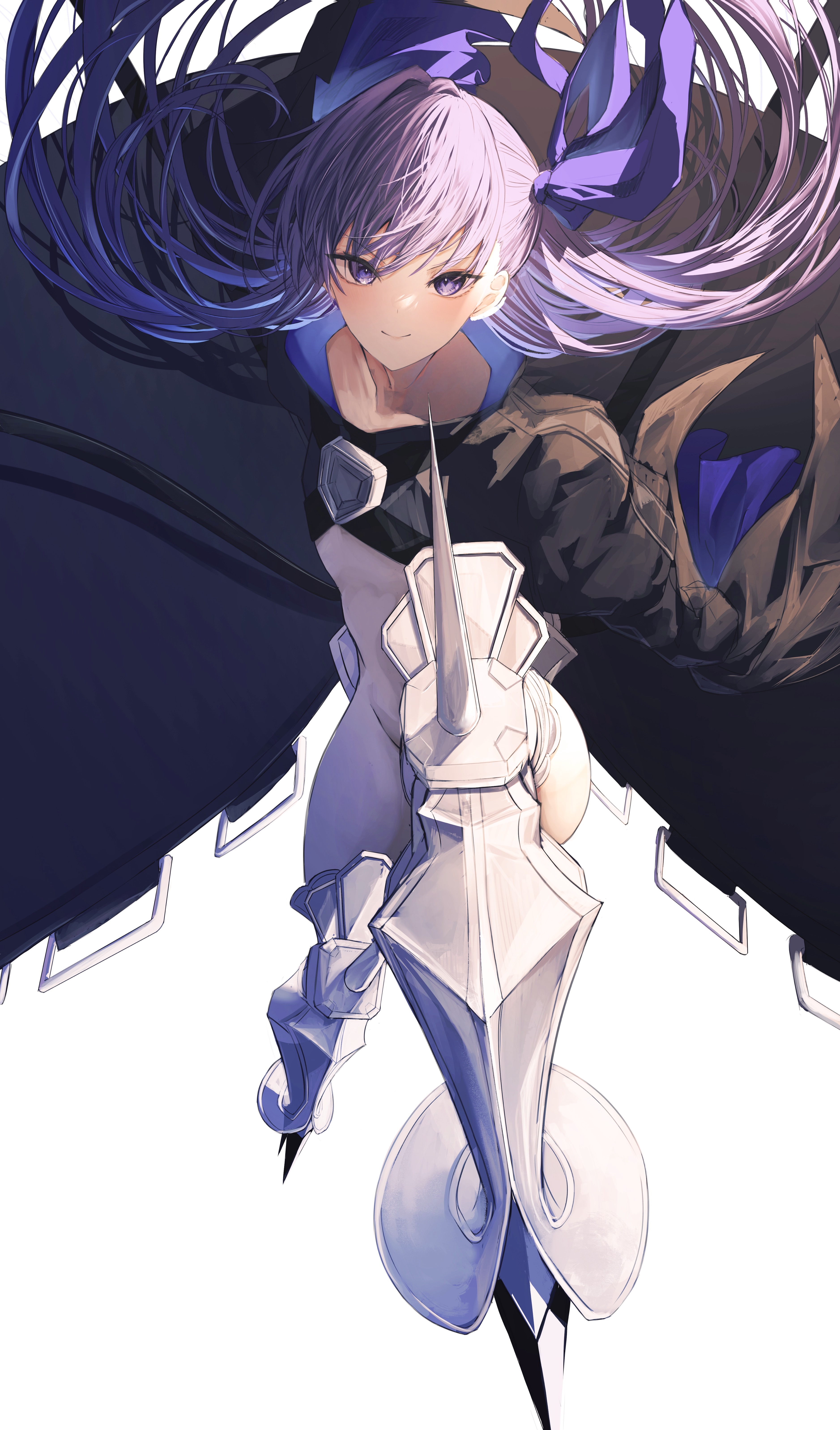 1girl absurdres black_cloak blush cloak closed_mouth commentary fate/extra fate/extra_ccc fate/grand_order fate_(series) floating_hair hair_ribbon highres long_hair long_sleeves looking_at_viewer meltryllis_(fate) prosthesis prosthetic_leg purple_eyes purple_hair purple_ribbon ribbon simple_background sleeves_past_fingers sleeves_past_wrists smile solo stomach white_background yagi_(yagi5art)