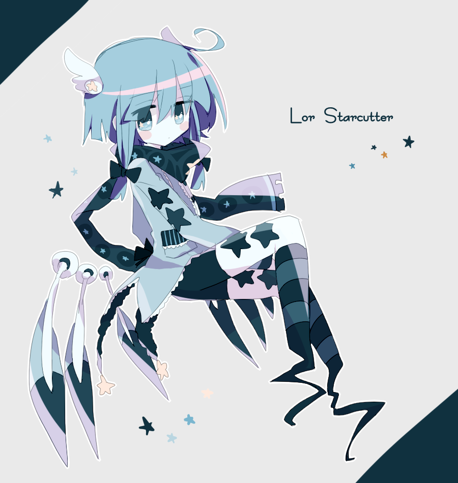 ahoge androgynous aqua_bow aqua_scarf aqua_shorts aqua_socks blue_hair blue_jacket blush_stickers bow closed_mouth colored_skin commentary_request expressionless hair_bow hair_ornament invisible_chair jacket kirby_(series) long_sleeves lor_starcutter nintendo no_nose outline personification scarf short_hair_with_long_locks shorts sitting socks solo star_(symbol) striped_clothes striped_socks usagi_nui white_outline white_skin wing_hair_ornament