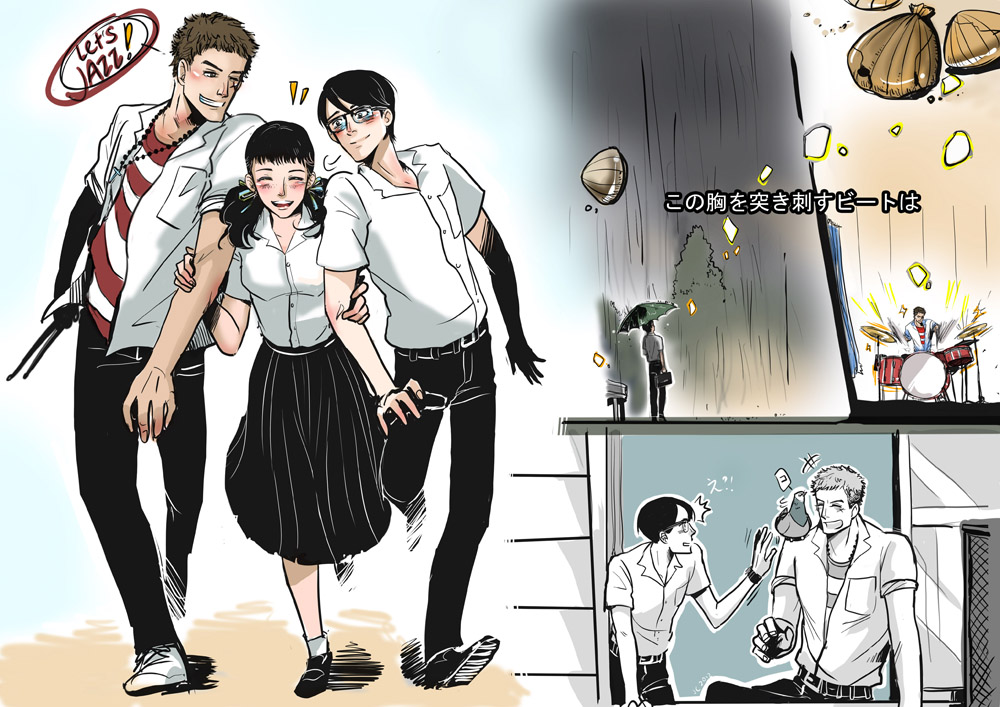 1girl 2boys animal animal_on_shoulder artist_request bird bird_on_shoulder black_hair blonde_hair blush clam_shell cross_scar double_arm_hug drum drum_set drumsticks english_text facial_scar full_body glasses hair_ribbon holding holding_drumsticks holding_umbrella instrument kawabuchi_sentarou laughing looking_at_another mukae_ritsuko multiple_boys nishimi_kaoru rain ribbon sakamichi_no_apollon scar scar_on_cheek scar_on_face shirt short_hair short_twintails skirt smile striped_clothes striped_shirt surprised translated twintails umbrella