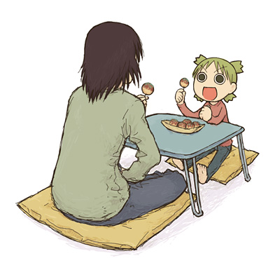 1boy 1girl :d back barefoot brown_hair child clenched_hand eating emoncake. empty_eyes father_and_daughter food green_eyes green_hair holding holding_food koiwai_yotsuba long_sleeves looking_at_another lowres mr._koiwai open_mouth pants pillow quad_tails shirt simple_background sitting smile soles t-shirt table white_background yotsubato!