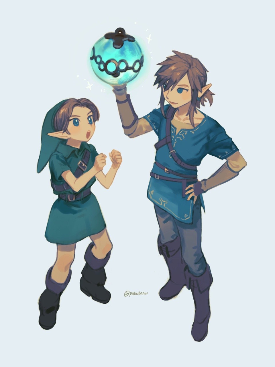 2boys artist_name awestruck blonde_hair blue_background blue_eyes blue_tunic bomb boots bracer brown_boots brown_gloves champion&#039;s_tunic_(zelda) child clenched_hands collarbone dual_persona explosive fingerless_gloves fold-over_boots gloves green_hat green_tunic grey_pants hand_on_own_hip hat highres holding holding_bomb in-franchise_crossover layered_sleeves link long_sleeves multiple_boys nintendo pants pofu31 pointy_ears ponytail short_over_long_sleeves short_ponytail short_sleeves sidelocks simple_background super_smash_bros. the_legend_of_zelda the_legend_of_zelda:_breath_of_the_wild the_legend_of_zelda:_ocarina_of_time tunic young_link