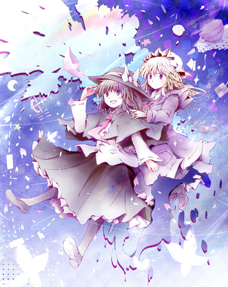 2girls blonde_hair bow brown_eyes brown_hair capelet coffee cookie crescent_moon cup dress food gap_(touhou) hair_bow hat hat_bow hat_ribbon maribel_hearn mob_cap moon multiple_girls necktie open_mouth petals purple_dress purple_eyes ribbon romi satellite short_hair smile space teacup touhou umbrella usami_renko
