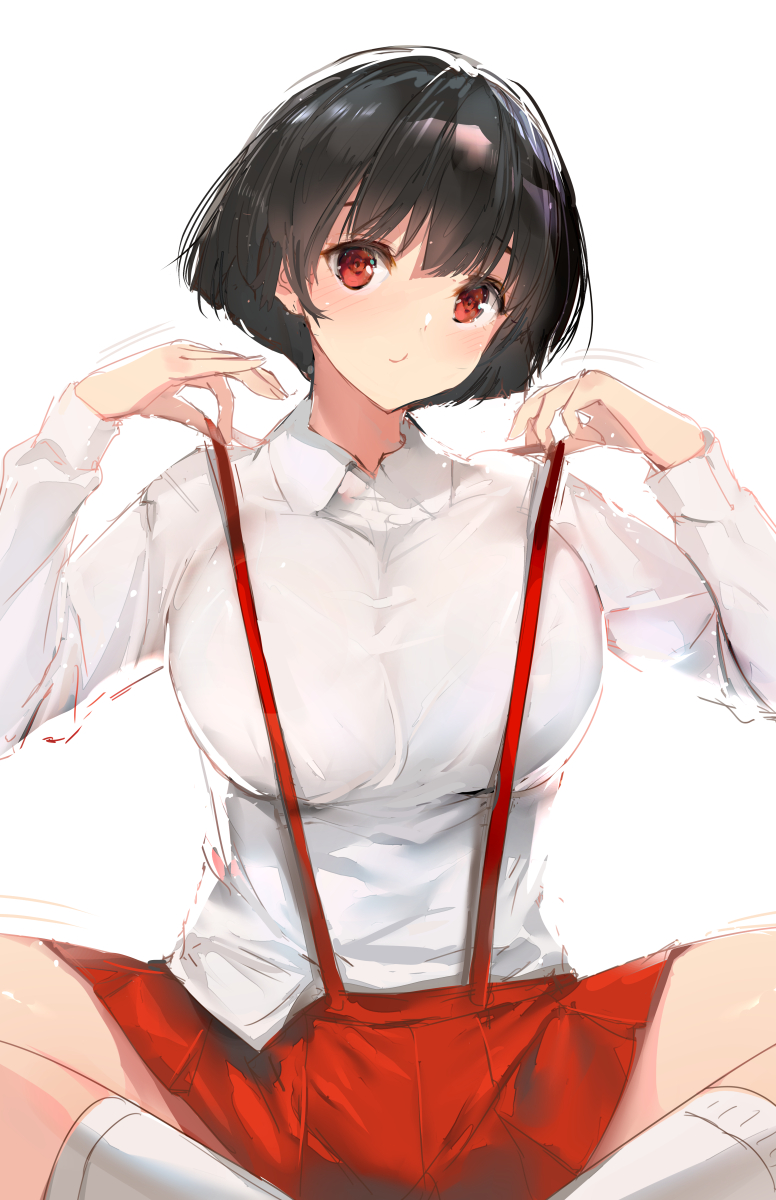 1girl bad_id bad_pixiv_id black_hair blush breasts chibi_maruko-chan closed_mouth feet_out_of_frame highres kneehighs large_breasts long_sleeves looking_at_viewer miniskirt pleated_skirt red_eyes red_skirt sakura_momoko shirt short_hair simple_background sitting skirt smile socks solo suspender_skirt suspenders white_background white_shirt white_socks yaegashi_nan