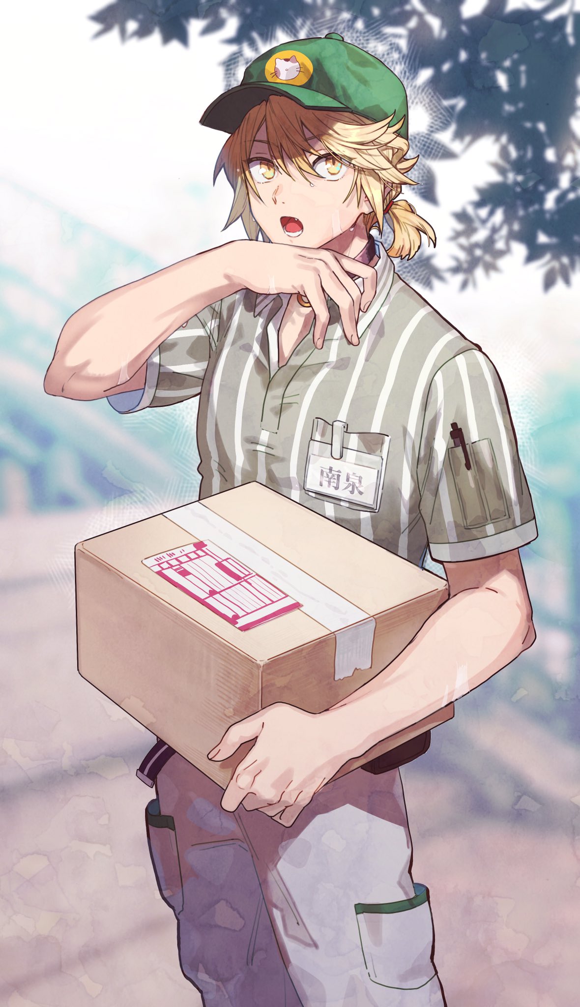 1boy baseball_cap beige_pants blonde_hair brand_name_imitation employee_uniform fang green_hat gyuunyuu_(mashika) hat highres male_focus name_tag nansen_ichimonji package pen ponytail shirt short_sleeves solo striped_clothes striped_shirt sweat touken_ranbu wiping_face yamato_transport yellow_eyes
