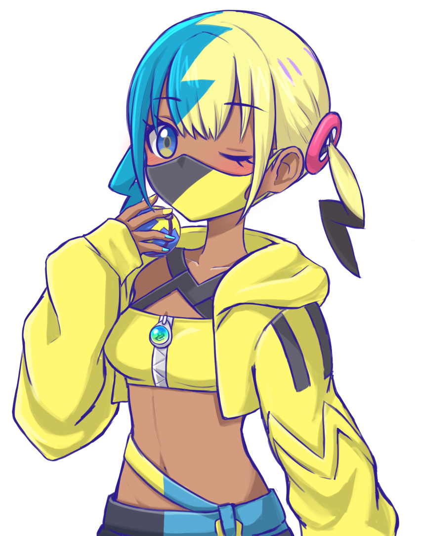 1girl bandeau blue_eyes canari_(pokemon) collarbone commentary_request cropped_jacket enu_(nuts44) eyelashes hand_up holding holding_poke_ball hood hood_down hooded_jacket jacket long_sleeves mask mouth_mask multicolored_hair nail_polish nintendo one_eye_closed open_clothes open_jacket pants poke_ball pokemon pokemon_legends:_z-a quick_ball simple_background solo twintails upper_body white_background yellow_bandeau yellow_jacket zipper zipper_pull_tab