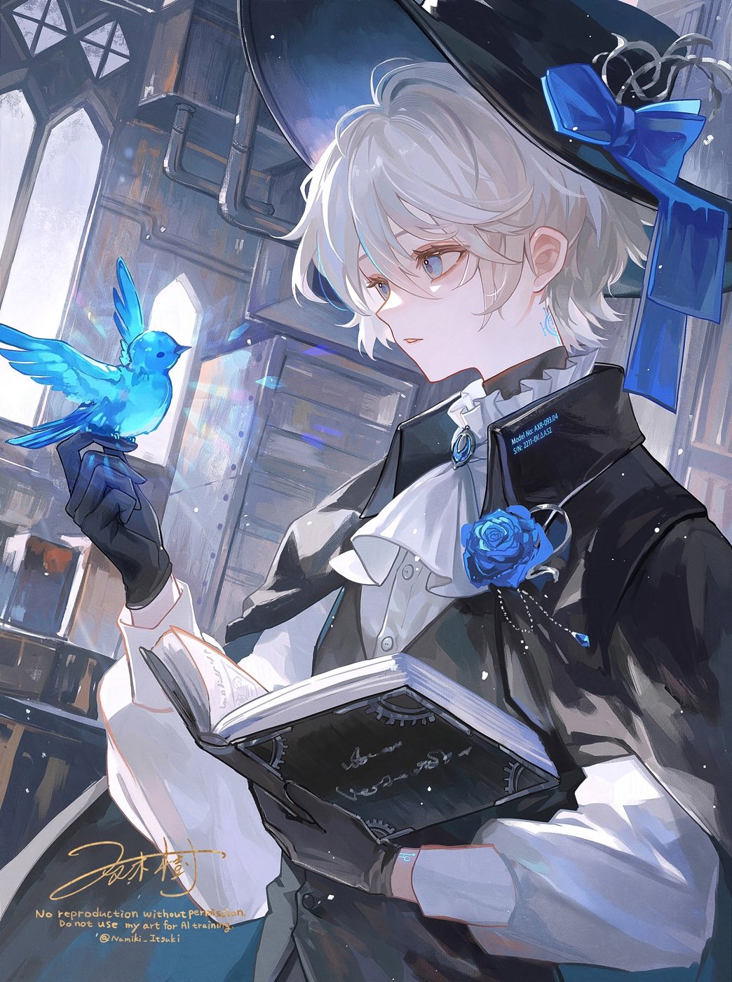 1boy arched_window ascot bird bird_on_hand bishounen black_bonnet black_cloak black_gloves black_vest blue_bird blue_bow blue_brooch blue_eyes blue_flower blue_rose body_markings bonnet book bow buttons cloak clothes_writing curled_fingers dress_shirt flower formal_clothes frilled_shirt_collar frills gloves glowing_animal glowing_bird hair_between_eyes hand_up hat hat_bow high_collar highres holding holding_book jewelry layered_clothes light_particles long_sleeves looking_at_animal male_focus namiki_itsuki open_book original parted_lips puffy_long_sleeves puffy_sleeves rose rust shirt short_hair signature solo standing swept_bangs three_quarter_view twitter_username upper_body vest white_ascot white_hair white_shirt window