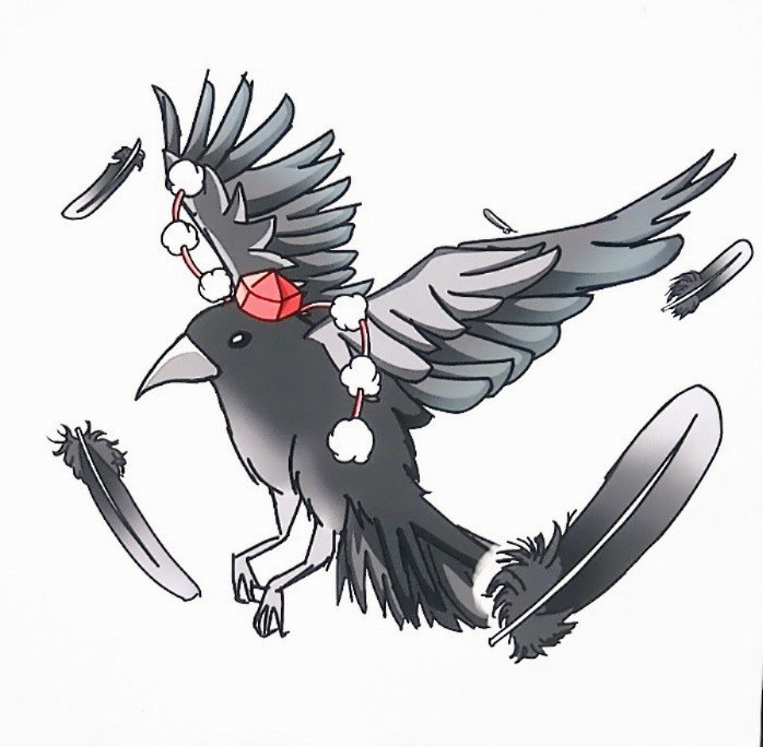1girl animalization bird black_bird black_eyes black_feathers crow feathers full_body hat pom_pom_(clothes) red_hat shameimaru_aya shameimaru_aya_(crow) simple_background solo tokin_hat toribago_karasu touhou white_background wings