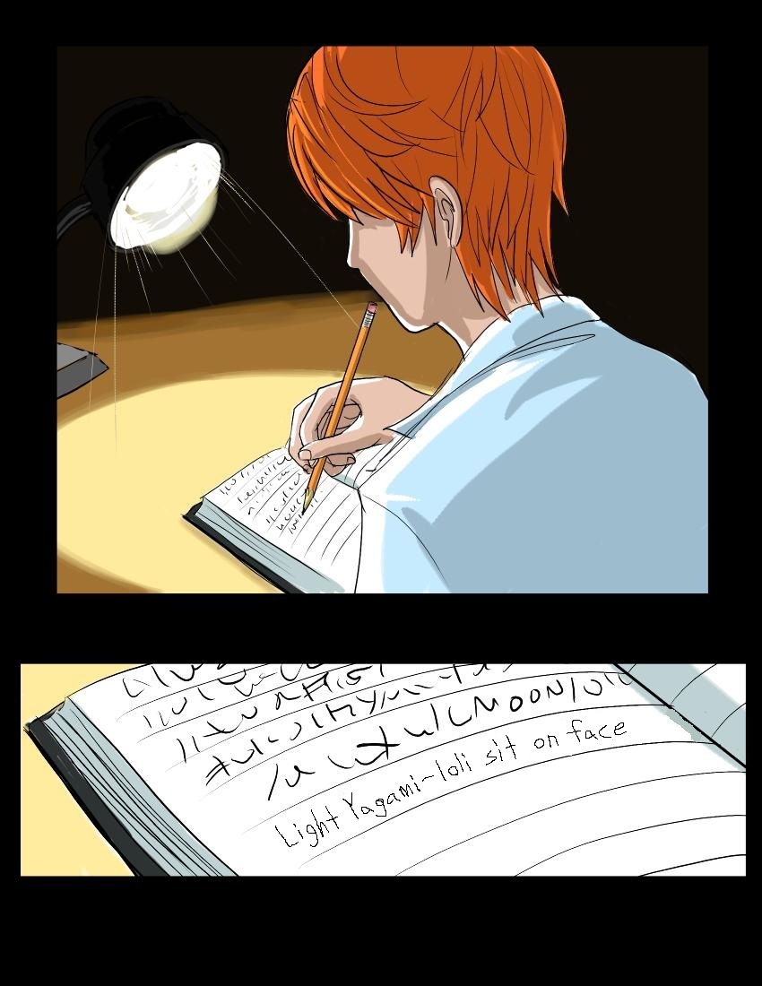 00s 1boy artist_request collared_shirt comic creepy death_note death_note_(object) desk desk_lamp from_behind jpeg_artifacts lamp male_focus orange_hair pencil shirt sitting sitting_on_face sitting_on_person solo what white_shirt writing yagami_light