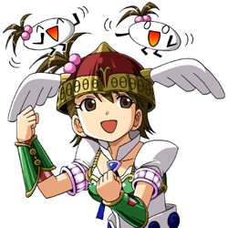 1girl :d bad_source bracer brown_eyes brown_hair clenched_hands commentary_request cosmic_&amp;_funny_(idolmaster) cosplay dancing futami_ami hair_bobbles hair_ornament hair_through_headwear helmet idolmaster idolmaster_(classic) idolmaster_1 lowres maso_(ascii_art) one_side_up open_mouth puffy_short_sleeves puffy_sleeves red_helmet short_hair short_sleeves simple_background smile valkyrie_(vnd) valkyrie_(vnd)_(cosplay) valkyrie_no_densetsu white_background winged_helmet
