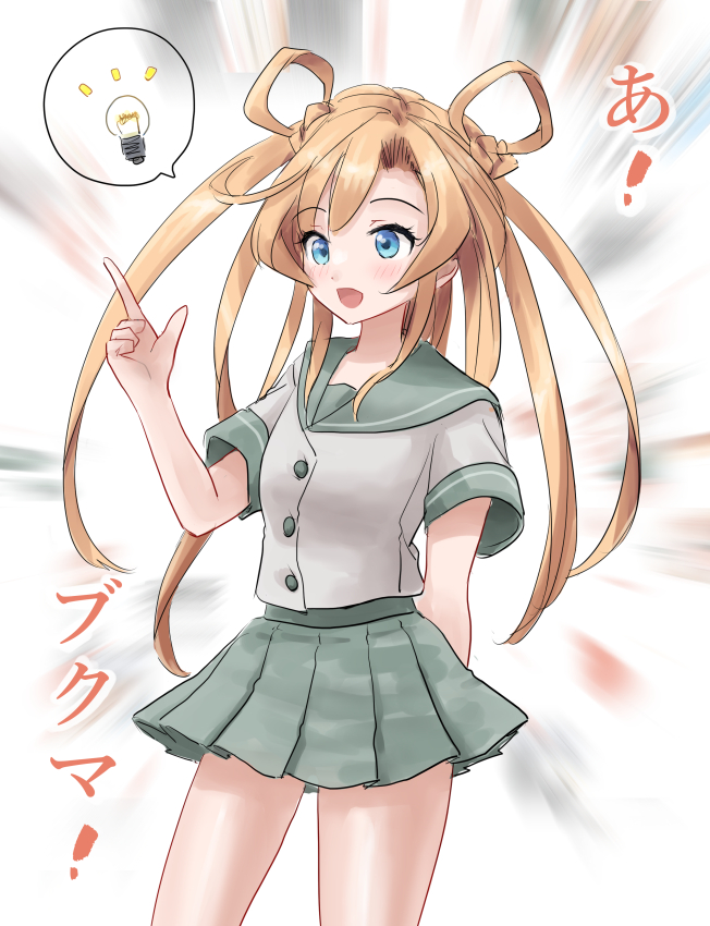 1girl abukuma_(kancolle) blonde_hair blue_eyes commentary_request contrapposto double_bun dress grey_sailor_collar grey_skirt hair_bun hair_rings index_finger_raised kantai_collection kitagawa_mikio light_bulb long_hair one-hour_drawing_challenge pleated_dress sailor_collar sailor_shirt school_uniform serafuku shirt short_sleeves skirt solo spoken_light_bulb standing twintails white_shirt