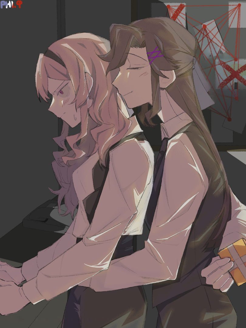 2girls black_jacket blonde_hair blush box brown_hair closed_eyes couple embarrassed gift gift_box hair_ornament hair_ribbon hairpin headband holding holding_gift hug hug_from_behind jacket light_blush light_smile multiple_girls pants red_eyes ribbon saijou_claudine shirt shoujo_kageki_revue_starlight shoujo_kageki_revue_starlight_-re_live- shy smug tendou_maya white_shirt