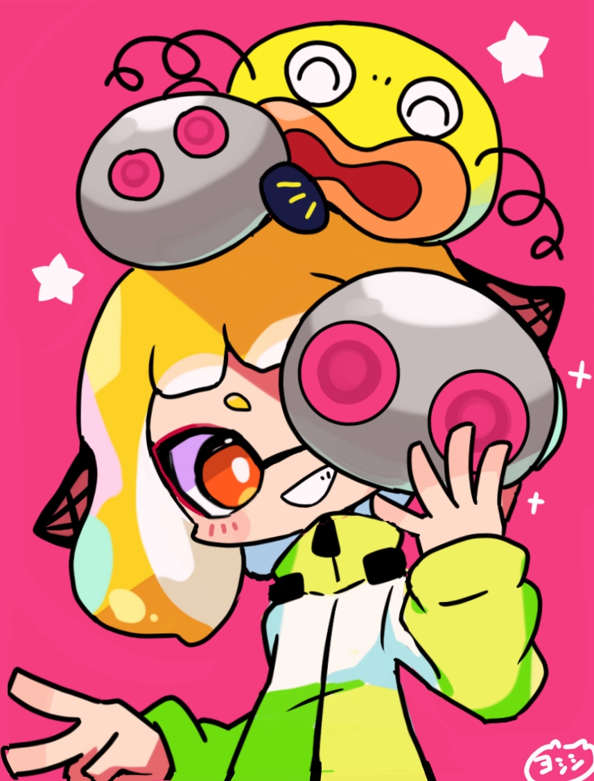 1girl agent_4_(splatoon) blonde_hair bright_pupils commentary green_jacket headphones inkling inkling_girl inkling_player_character jacket long_sleeves mask medium_hair nintendo orange_eyes parallel_canon_(splatoon) pink_background simple_background sleeves_past_wrists smile solo sparkle splatoon_(series) splatoon_3 splatoon_3:_side_order star_(symbol) symbol-only_commentary teeth tentacle_hair unworn_mask upper_body v white_pupils yoshishi_(yosisitoho) zapfish