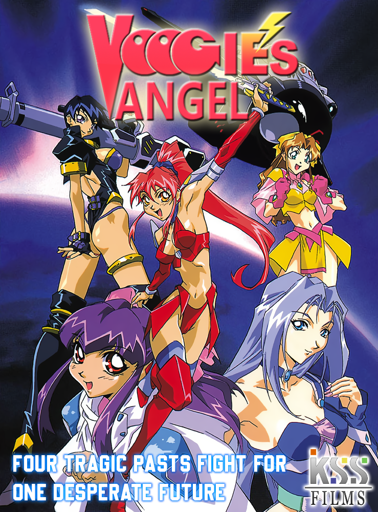 1990s_(style) 2000s_(style) 5girls armor armpits ass bazooka bikini_armor blue_eyes blue_hair breasts cleavage cover dennou_sentai_voogie&#039;s_angel hand_cannon leotard light_blue_hair looking_back medium_breasts miniskirt multiple_girls navel oobari_masami orange_eyes purple_hair red_eyes red_hair retro_artstyle short_hair shoulder_armor skirt spacecraft weapon