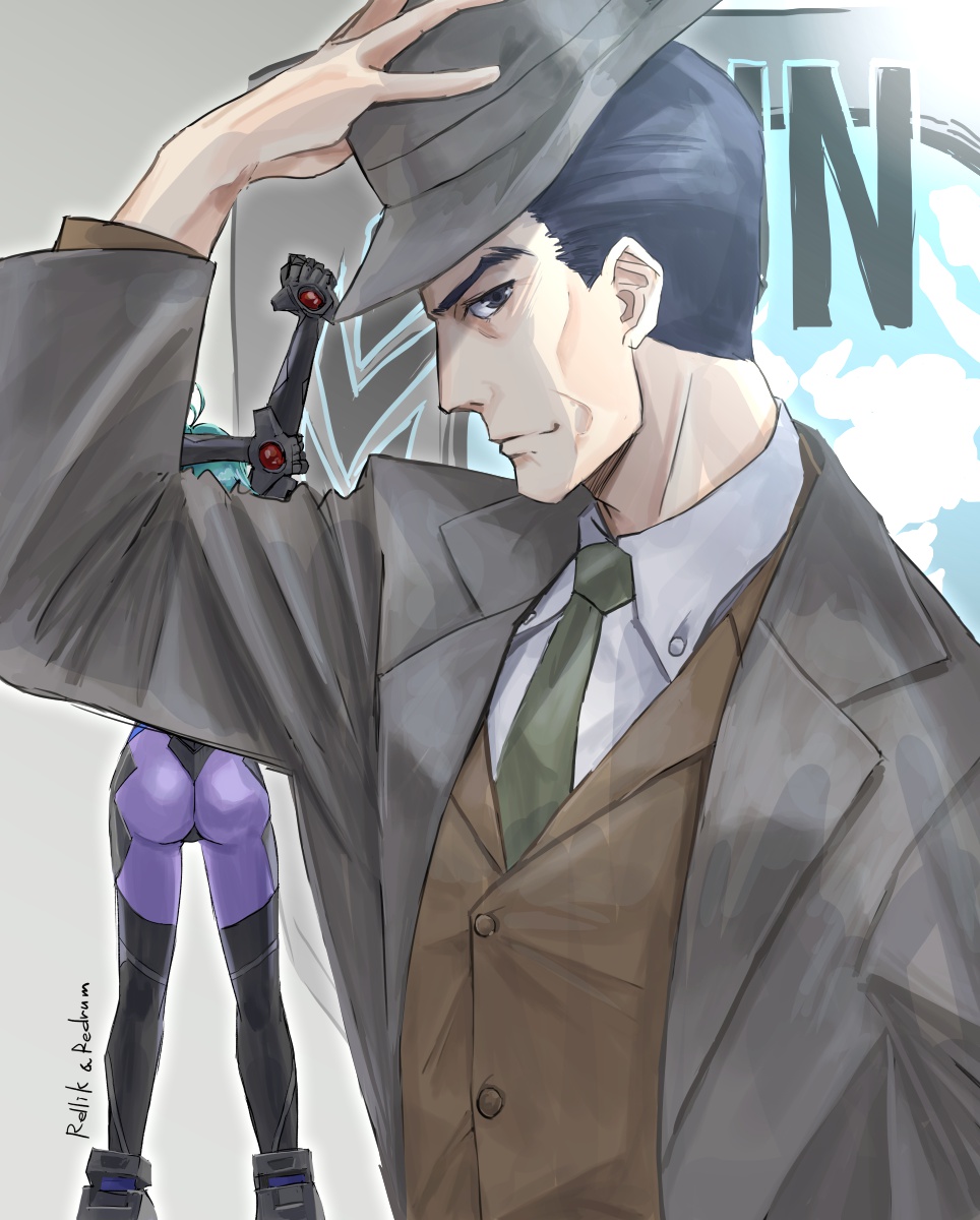 1boy 1girl artist_name ass black_eyes black_gloves black_hair blue_hair bodysuit brown_vest collared_shirt fortified_suit gloves green_necktie grey_jacket hair_behind_ear hand_on_headwear highres jacket jun_(rellik_&amp;_redrum) mecha_pilot_suit muv-luv muv-luv_alternative necktie pilot_suit purple_bodysuit shirt short_hair skin_tight stretching vest white_shirt yoroi_mikoto yoroi_sakon