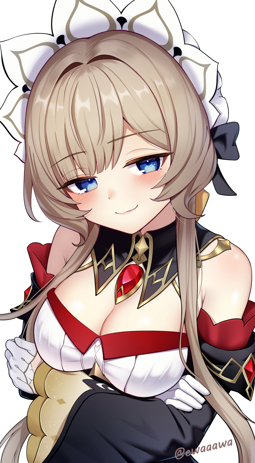 1girl armpit_crease bare_shoulders blue_eyes blush breasts brown_hair cleavage closed_mouth commentary_request crossed_arms detached_collar detached_sleeves dress duplicate ewaaawa gem genshin_impact gloves hair_ornament highres long_hair long_sleeves looking_at_viewer medium_breasts pixel-perfect_duplicate red_gemstone sandrone_(genshin_impact) smile solo strapless strapless_dress twitter_username upper_body white_dress white_gloves wide_sleeves