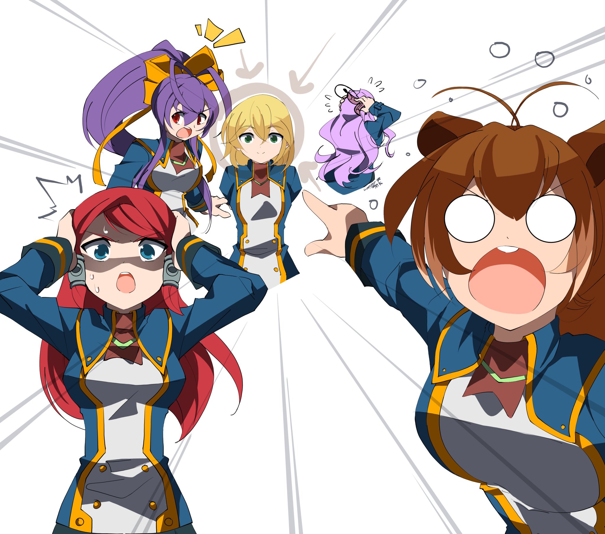 5girls animal_ears blazblue blonde_hair blue_eyes breasts green_eyes hands_on_own_face highres kajun_faycott large_breasts long_hair long_sleeves mai_natsume makoto_nanaya meme multiple_girls no_pupils noel_vermillion o_o pointing ponytail purple_hair red_eyes red_hair short_hair small_breasts squirrel_ears swift_atk teeth tsubaki_yayoi two_soyjaks_pointing_(meme) upper_teeth_only white_background