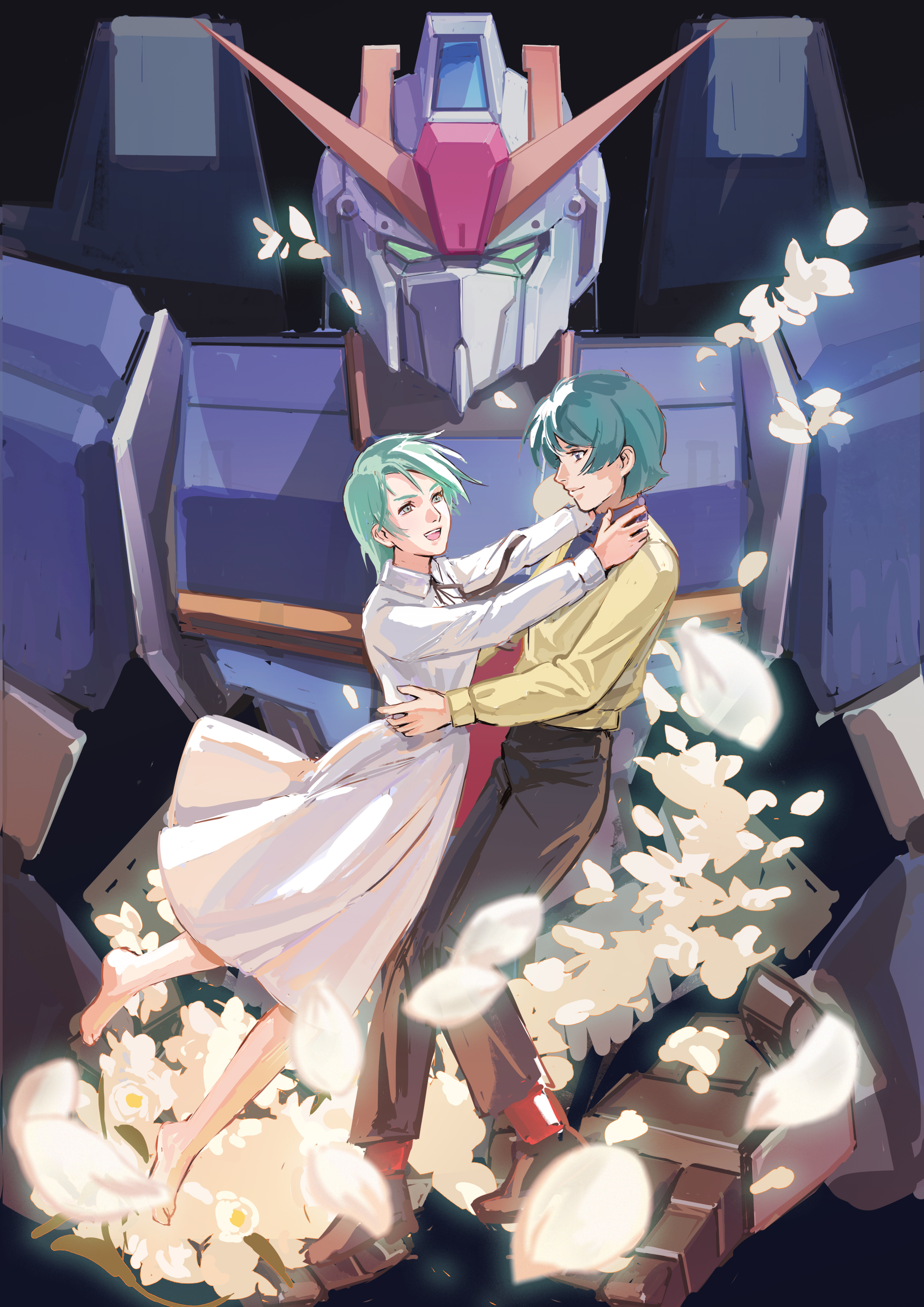 1boy 1girl absurdres alternate_universe barefoot commentary couple dress english_commentary four_murasame good_end gundam hangar highres hug kamille_bidan mecha nekkikamille petals robot science_fiction spoilers upper_body zero_gravity zeta_gundam zeta_gundam_(mobile_suit)