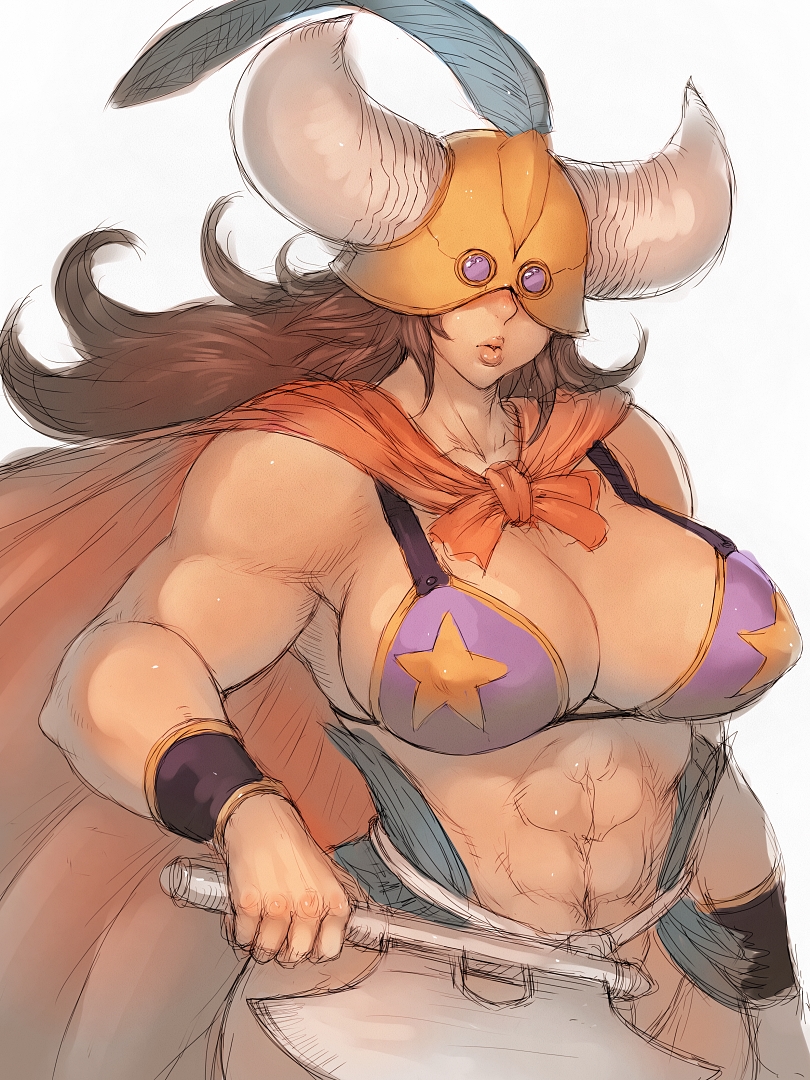 1girl armor axe bikini_armor breasts brown_hair cleavage dragon_ball female_focus fumio_(rsqkr) genderswap genderswap_(mtf) gyuu_mao helmet horns huge_breasts large_breasts muscular muscular_female ox_king simple_background solo weapon white_background