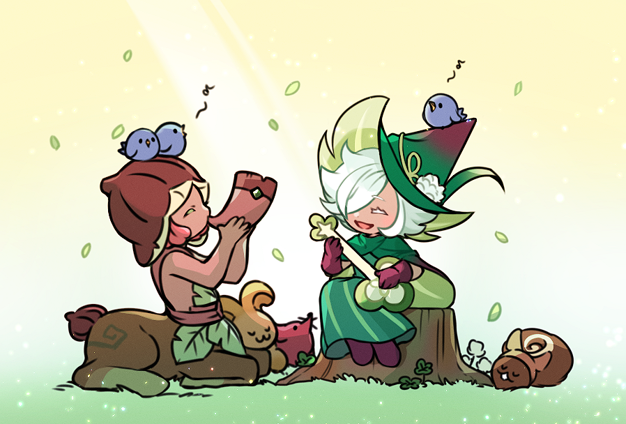 1boy 1other animal bard bird blueberry_bird centaur character_request clover_cookie commentary_request cookie_run cookie_run:_kingdom dark-skinned_male dark_skin dress fig_cookie gloves green_dress green_hat hair_over_one_eye hat humanization instrument jbee_34 korean_commentary leaf music playing_instrument sitting squirrel tail taur tree_stump white_hair