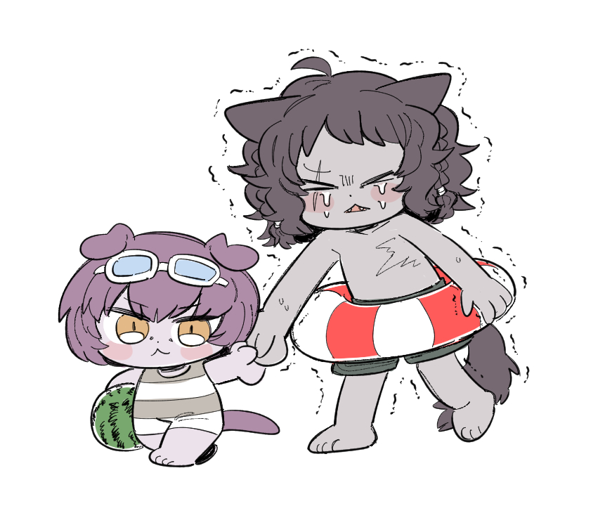 &gt;_&lt; 2boys :&lt; animal_ears barefoot basilio_(metaphor:_refantazio) black_male_swimwear blush braid brothers brown_hair chibi closed_eyes crying fangs fidelio_(metaphor:_refantazio) folded_ear full_body goggles goggles_on_head hair_between_eyes holding_hands innertube male_focus male_swimwear medium_hair metaphor:_refantazio motion_lines multiple_boys multiple_braids open_mouth outstretched_arm purple_hair short_hair siblings side_braid simple_background striped_clothes striped_innertube swim_goggles swim_ring swim_trunks tail teeth topless_male triangle_mouth umainaotofu walking wavy_hair white_background yellow_eyes