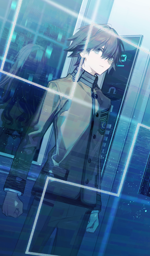 1boy 1girl arms_at_sides back-to-back blue_theme brown_eyes brown_hair brown_jacket brown_pants buttons chocoan clenched_hands closed_mouth commentary_request cowboy_shot dual_persona dutch_angle elevator expressionless fate/extra fate/grand_order fate_(series) grid hair_between_eyes high_collar indoors jacket kishinami_hakuno_(female) kishinami_hakuno_(male) long_hair long_sleeves looking_to_the_side male_focus official_art pants short_hair solo_focus third-party_source tsukumihara_academy_uniform_(fate/extra)
