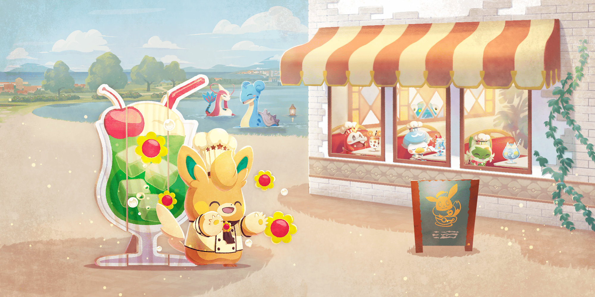 +_+ artist_request awning beach bellibolt blue_sky blush blush_stickers chef_hat cherry closed_mouth clothed_pokemon cloud fangs flower food fruit fuecoco fuecoco_(friendly_chef) gen_1_pokemon gen_3_pokemon hat highres ivy lapras milotic nintendo no_humans official_art open_mouth pawmo pawmo_(retro_chef) pokemon pokemon_(creature) pokemon_cafe_remix pokemon_focus quaxly quaxly_(friendly_chef) sand shirt sky smile sprigatito sprigatito_(friendly_chef) star_(symbol) starter_pokemon_trio third-party_source tree water white_hat white_shirt yellow_flower