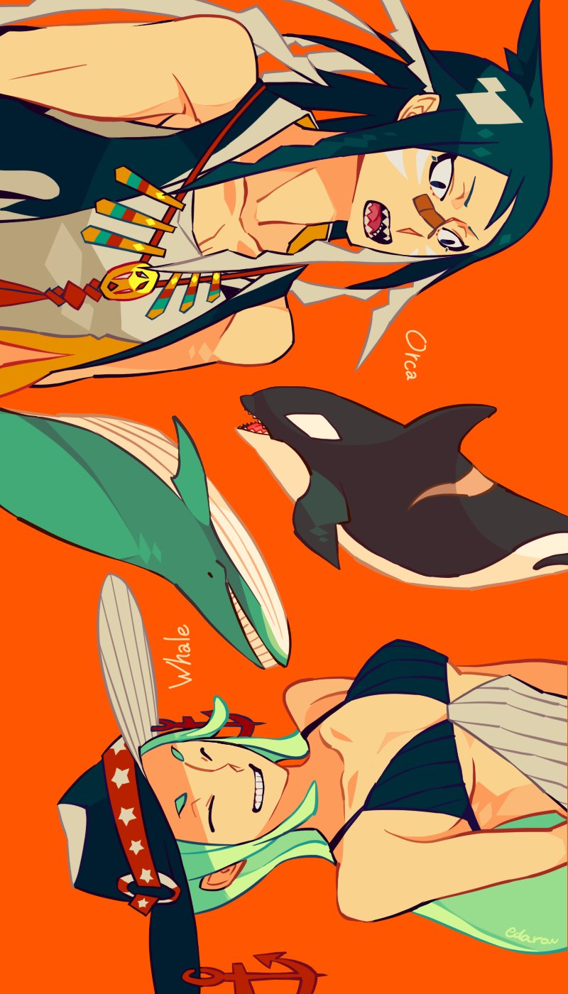 1boy 1girl animal bandaid bandaid_on_face bandaid_on_nose bikini blue_eyes colored_inner_hair cowboy_hat edarow green_hair grin hat highres jewelry long_hair multicolored_hair necklace orange_background orca orca_boy original sharp_teeth sideways simple_background smile swimsuit tank_top teeth upper_body vest whale whale_girl