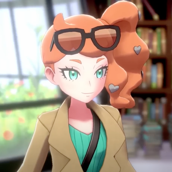 1girl aqua_eyes bag blurry blurry_background book bookshelf breasts brown_coat closed_mouth coat eyelashes eyewear_on_head female_focus game_cg glasses glasses_on_head green_shirt hair_ornament heart heart_hair_ornament high_collar indoors library long_hair long_sleeves looking_afar nintendo orange_hair pokemon pokemon_swsh ponytail shirt short_eyebrows shoulder_bag shoulder_strap side_ponytail small_breasts smile sonia_(pokemon) tinted_eyewear tinted_glasses upper_body