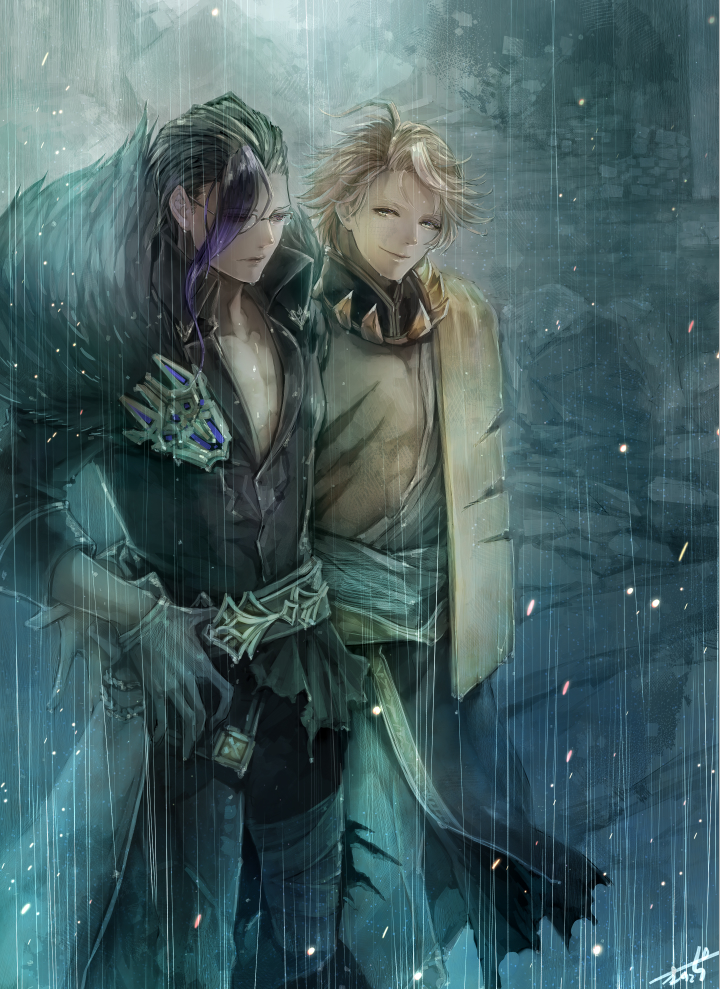 2boys ahoge aladdin_(sinoalice) belt black_hair blonde_hair blue_eyes choker closed_mouth collared_shirt glasses gloves hair_slicked_back hameln_(sinoalice) hand_around_waist hand_on_own_hip kino_cozi looking_ahead looking_at_another male_focus multicolored_hair multiple_boys open_clothes open_shirt pants purple_hair rain red_eyes scarf shirt short_hair sinoalice smile torn_clothes two-tone_hair wet wet_clothes white_gloves yaoi
