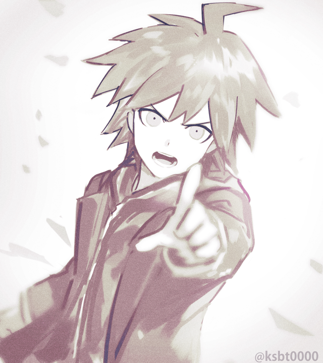 1boy ahoge bad_id bad_pixiv_id blurry danganronpa:_trigger_happy_havoc danganronpa_(series) foreshortening hajime_(gitoriokawaii) hood hood_down hoodie jacket long_sleeves looking_at_viewer male_focus monochrome naegi_makoto open_clothes open_jacket open_mouth pointing pointing_at_viewer short_hair solo teeth twitter_username upper_body