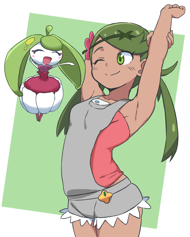 1girl :d ;) ^_^ arm_up armpits bubukka closed_eyes closed_mouth collarbone dark-skinned_female dark_skin gen_7_pokemon green_background green_eyes green_hairband hairband long_hair looking_at_another mallow_(pokemon) nintendo one_eye_closed open_mouth pokemon pokemon_(creature) pokemon_sm smile steenee twintails two-tone_background white_background