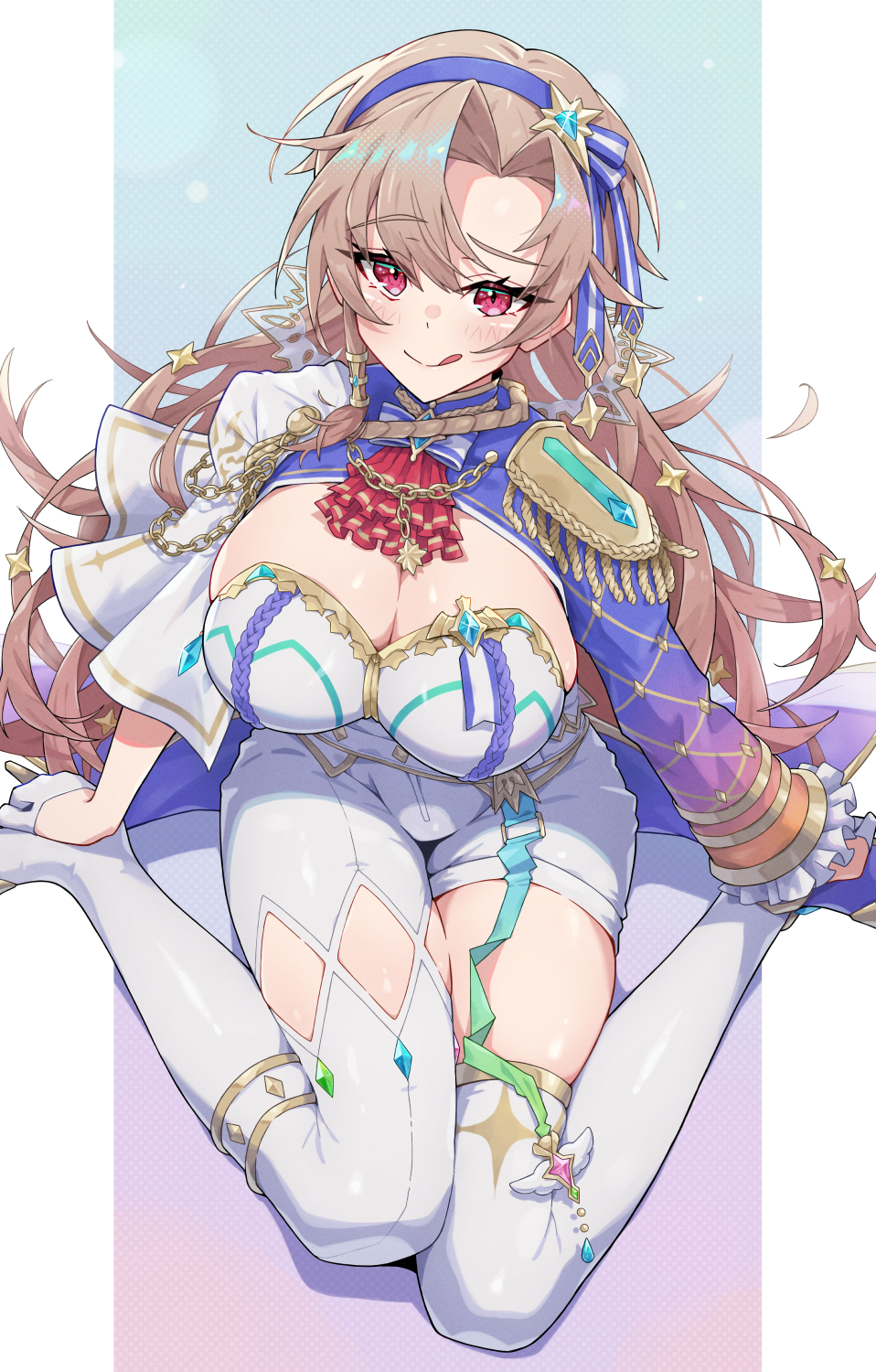 1girl :q arm_support ascot asymmetrical_clothes ben-day_dots blue_background blue_hairband blue_shrug blush bodice boots border breasts brown_hair chain cleavage closed_mouth clothing_cutout commentary curtained_hair detached_pants epaulettes frilled_sleeves frills from_above full_body furen_e_lustario furen_e_lustario_(3rd_costume) gloves gold_chain gold_trim gradient_background hair_ornament hair_tubes hairband half_gloves halftone hands_on_own_feet high_heel_boots high_heels highres huge_breasts knee_boots large_breasts long_hair long_sleeves looking_at_viewer looking_up metal_hair_tubes muco_lita nijisanji outside_border pants pillarboxed pink_eyes purple_background raised_eyebrow red_ascot screentones side_part single_epaulette single_pantsleg single_sidelock sitting skindentation smile solo star_(symbol) star_hair_ornament thigh_cutout tongue tongue_out very_long_hair virtual_youtuber wariza white_boots white_border white_gloves white_pants