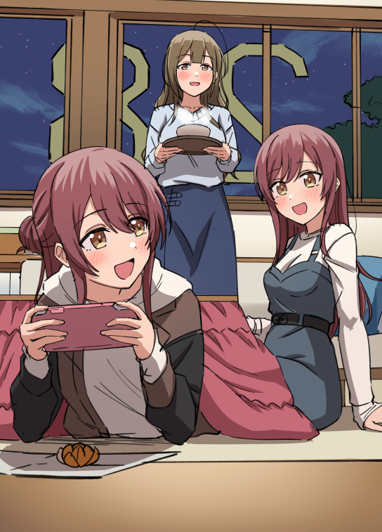 3girls :d ahoge alstroemeria_(idolmaster) black_jacket blue_dress blue_shirt blue_skirt bowl breasts brown_hair commentary_request dress food fruit hair_bun half_updo handheld_game_console holding holding_handheld_game_console holding_tray hood hoodie idolmaster idolmaster_shiny_colors indoors jacket kotatsu kurageso kuwayama_chiyuki layered_sleeves long_hair long_sleeves looking_at_another lounging lying mandarin_orange medium_breasts multiple_girls night on_stomach open_clothes open_jacket open_mouth osaki_amana osaki_tenka pinafore_dress shirt single_hair_bun sitting skirt sleeveless sleeveless_dress sleeves_past_wrists smile steam swept_bangs table tray under_kotatsu under_table unfinished white_hoodie white_shirt window