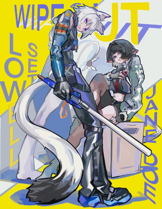 1boy 1girl animal_ears artist_request baton_(weapon) black_hair boots cat_boy cat_ears cat_tail couple downscaled english_text full_body green_eyes hetero jane_doe_(zenless_zone_zero) looking_at_viewer mary_janes midriff mouse_ears mouse_girl purple_eyes resized seth_lowell shoes tail third-party_edit third-party_source weapon yellow_background youqing zenless_zone_zero