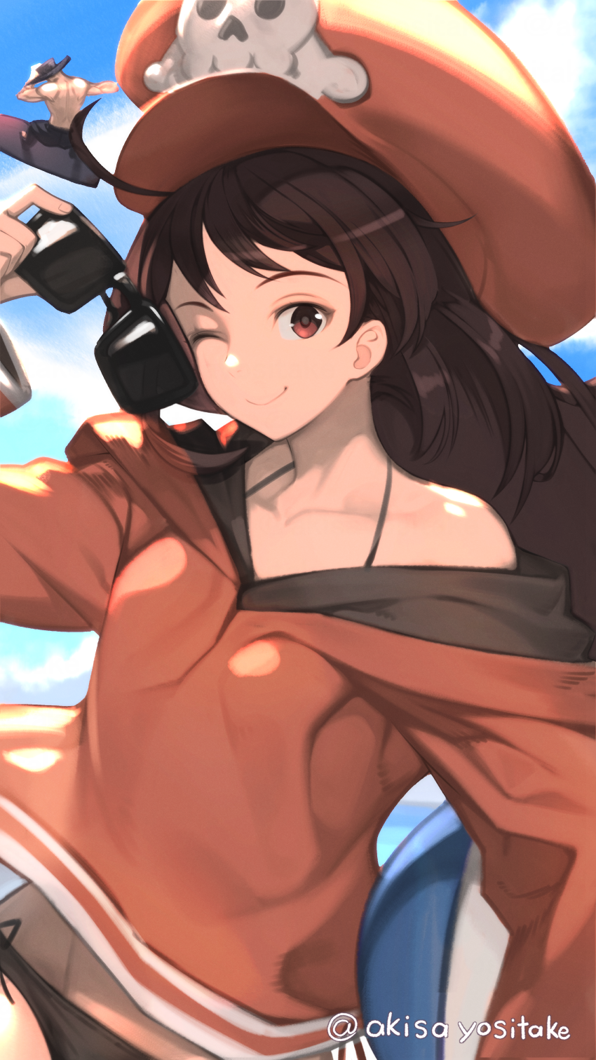 1boy 1girl ;) akisa_yositake ball beachball bikini bikini_under_clothes brown_eyes brown_hair newsboy_cap closed_mouth guilty_gear guilty_gear_strive hat highres holding holding_ball holding_beachball holding_removed_eyewear jacket johnny_(guilty_gear) long_hair long_sleeves looking_at_viewer may_(guilty_gear) muscular muscular_male one_eye_closed orange_hat orange_jacket pirate_hat single_bare_shoulder skull_and_crossbones smile surfboard swimsuit twitter_username unworn_eyewear