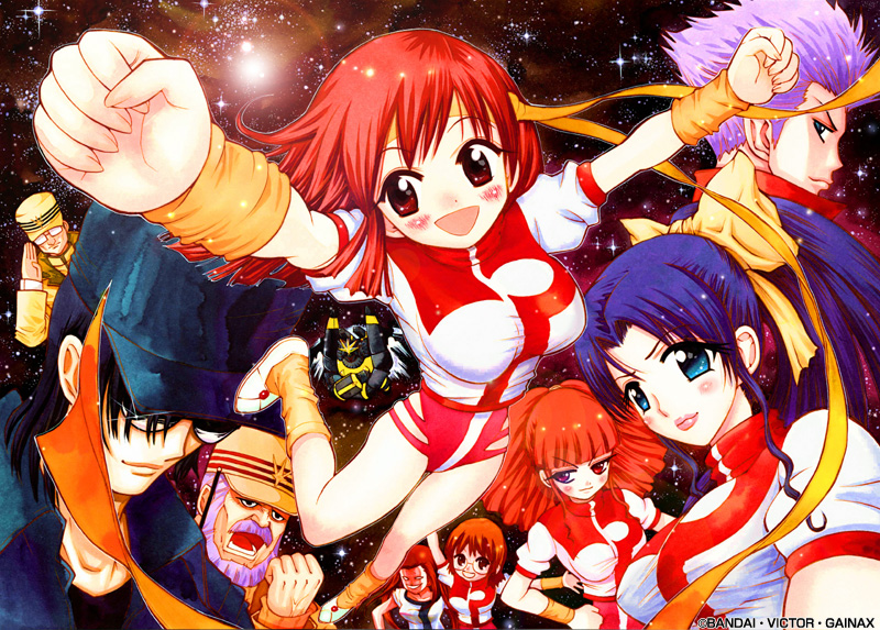 4boys 5girls amano_kazumi blue_eyes blue_hair bodysuit bow breasts brown_eyes brown_hair clenched_hand clenched_hands gainaxtop gunbuster hat headband higuchi_kimiko jung_freud kashihara_reiko koichiro_ohta leg_warmers mecha military military_uniform multiple_boys multiple_girls official_art oota_kouichirou ponytail red_eyes red_hair robot smile smith_toren sunglasses takaya_noriko tashiro_tatsumi top_wo_nerae! top_wo_nerae!_(series) wristband xo yellow_bow