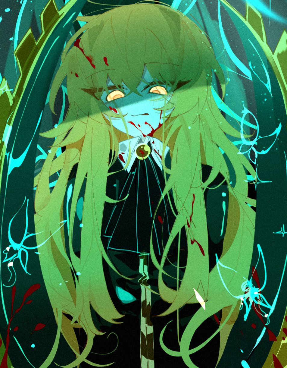 1girl :3 :q ascot bladed_tonfa blood blood_on_face blush bodysuit closed_mouth e.g.o_(project_moon) fairy_festival glowing glowing_eyes green_ascot green_bodysuit highres holding holding_weapon ishmael_(project_moon) lemonail library_of_ruina limbus_company long_hair long_sleeves looking_at_viewer orange_eyes orange_hair project_moon shaded_face sidelocks smile solo tongue tongue_out upper_body very_long_hair weapon wingbeat_(e.g.o)