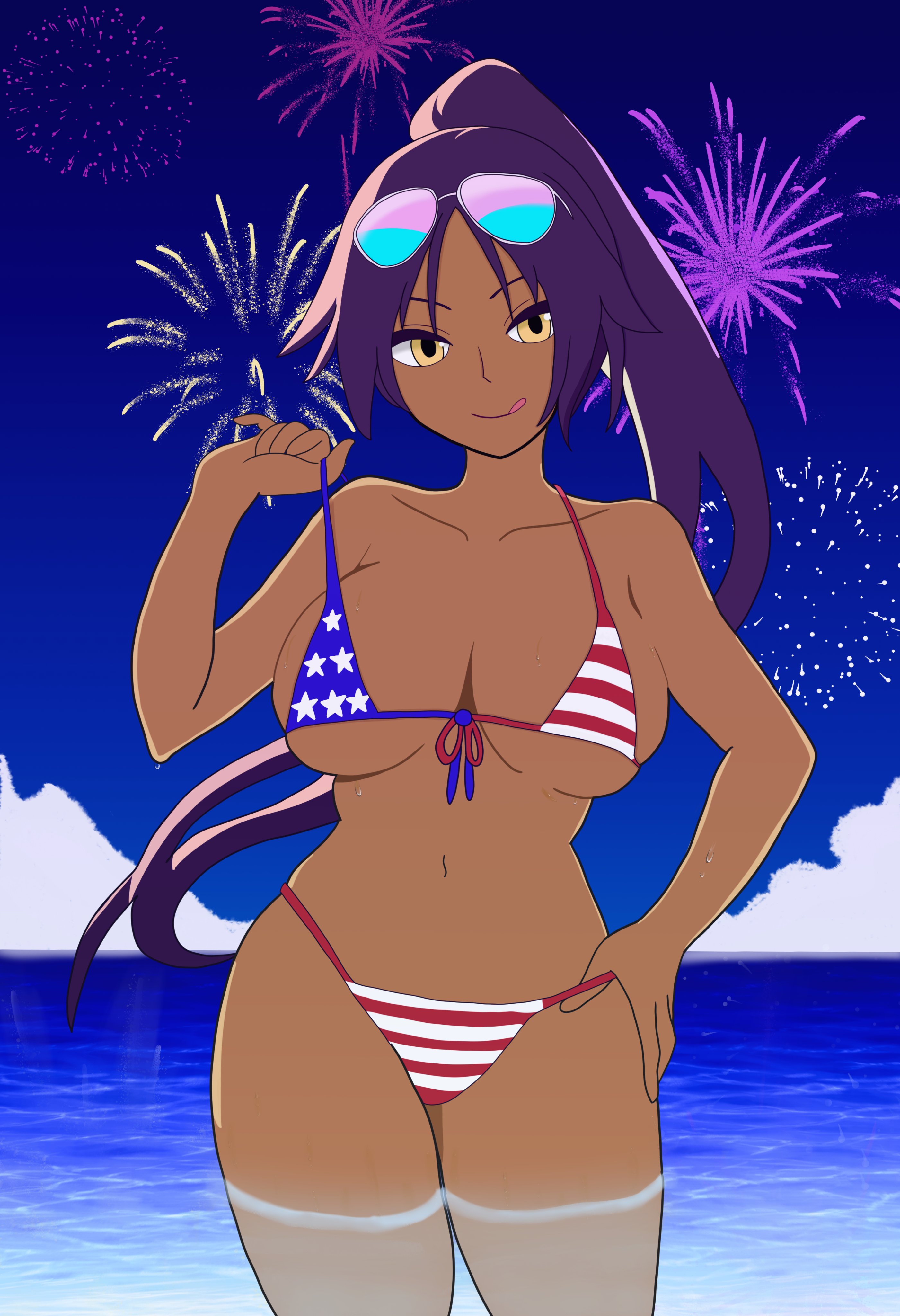 1girl absurdres american_flag american_flag_bikini american_flag_print bare_shoulders bikini bleach bojack198 breasts cleavage collarbone dark-skinned_female dark_skin female_focus fireworks flag_print flag_print_bikini fourth_of_july front-tie_bikini_top front-tie_top hand_on_own_hip highres large_breasts licking_lips long_hair looking_at_viewer navel ocean partially_submerged ponytail print_bikini purple_hair shihouin_yoruichi sky solo sunglasses sunglasses_on_head swimsuit tongue tongue_out underboob yellow_eyes