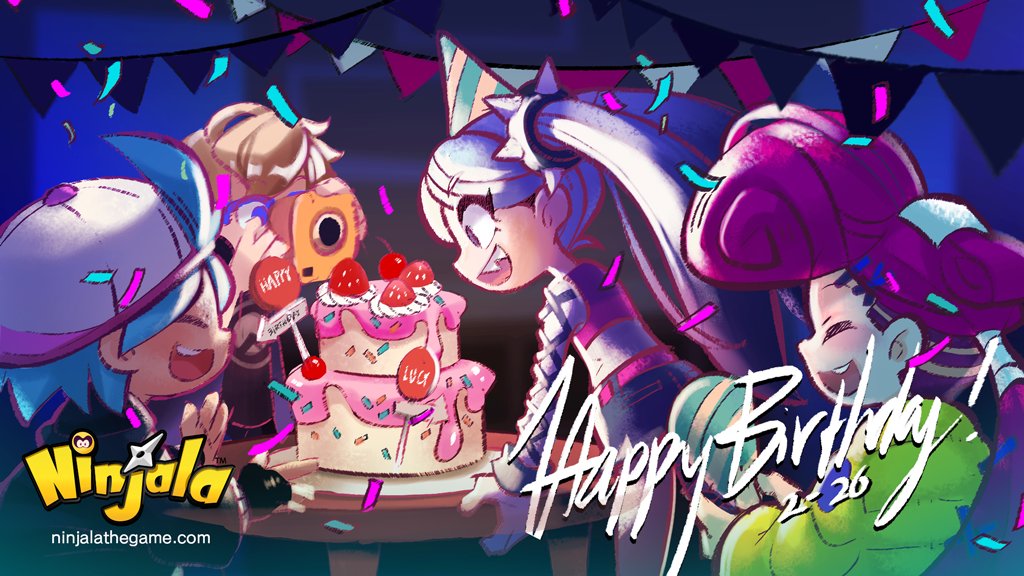 2boys 2girls aqua_hair backwards_hat belted_shorts berecca big_hair birthday black_bridal_gauntlets black_hoodie black_shirt black_sleeves blonde_hair blue-framed_eyewear blue_background blue_coat blue_eyes blue_shorts bridal_gauntlets burton_(ninjala) cake camera character_name cherry closed_eyes coat commentary confetti copyright_name copyright_notice denim denim_shorts diagonal-striped_hat english_commentary english_text fluffy_hair food fruit gungho hair_ornament hair_tubes hairclip half_updo hands_on_table happy happy_birthday hat holding holding_camera holding_party_popper hood hoodie icing jacket kappei_(ninjala) logo logo_print long_hair long_sleeves looking_at_food lucy_(ninjala) medium_hair multiple_boys multiple_girls nape ninjala official_art outline padded_jacket padded_sleeves party party_hat party_popper pennant pink_hair pink_shirt pink_shorts polaroid_camera pompadour ponytail profile puffy_long_sleeves puffy_sleeves purple_outline rianti-wong second-party_source semi-rimless_eyewear sharp_teeth shirt short_hair shorts shuriken sideways_mouth simple_background single_fishnet_armwear single_hair_tube single_sleeve spiked_hair_ornament strawberry table taking_picture teeth torn_clothes torn_shorts twintails two-tone_shirt undercut upper_teeth_only very_long_hair watermark weapon web_address white_hat white_shirt white_sleeves wristband x_hair_ornament yellow_jacket yellow_sleeves