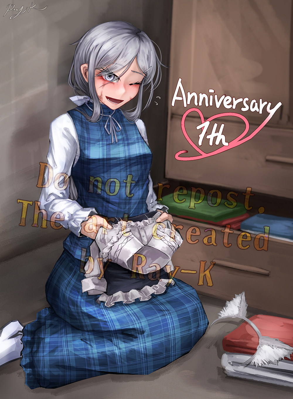 1girl ;d animal_ear_fluff animal_ears anniversary artist_name blue_skirt blue_vest burn_scar commentary_request dorei_to_no_seikatsu_~teaching_feeling~ english_text fake_animal_ears folded_clothes folding_clothes grey_eyes grey_hair hairband highres holding holding_unworn_clothes indoors long_hair long_sleeves looking_at_viewer low_ponytail milestone_celebration no_shoes one_eye_closed open_mouth plaid_clothes plaid_skirt plaid_vest ponytail ray-k scar shirt signature sitting skirt skirt_set smile socks solo sylvie_(dorei_to_no_seikatsu) vest watermark white_shirt white_socks
