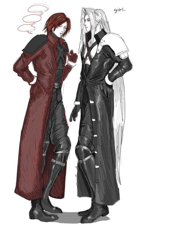 2boys armor black_coat black_gloves blank_speech_bubble chest_strap closed_eyes coat commentary english_commentary english_text facing_to_the_side final_fantasy final_fantasy_vii genesis_rhapsodos gloves grey_hair high_collar long_bangs long_coat long_hair male_focus multiple_boys pauldrons red_coat red_gloves red_hair sephiroth sephirothhrt shoulder_armor speech_bubble standing talking