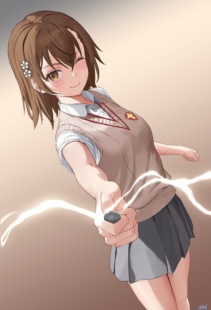 ;) aiming aiming_at_viewer artist_name asurada_yui breasts brown_eyes brown_hair brown_sweater_vest coin collared_shirt commentary_request electricity electrokinesis emblem gradient_background grey_skirt hair_between_eyes hair_ornament hairpin holding holding_coin medium_hair misaka_mikoto one_eye_closed outstretched_arm pleated_skirt psychic railgun_(misaka_mikoto) school_emblem school_uniform shirt short_sleeves simple_background skirt small_breasts smile summer_uniform sweater_vest toaru_kagaku_no_railgun toaru_majutsu_no_index tokiwadai_school_uniform white_shirt