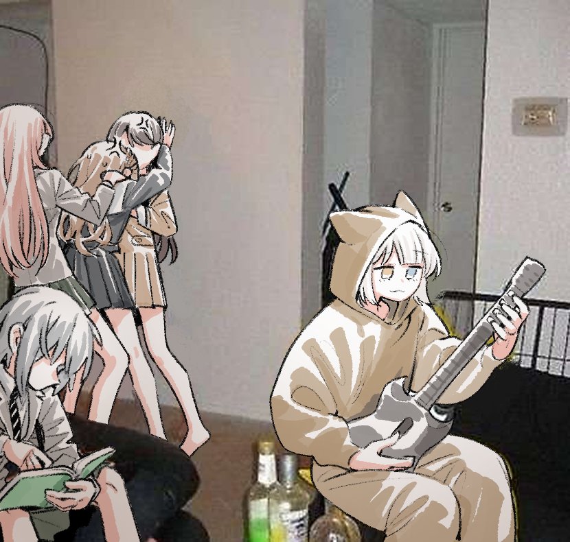 5girls :3 anger_vein bang_dream! bang_dream!_it&#039;s_mygo!!!!! barefoot black_hair blue_eyes blue_shirt blue_skirt bottle brown_dress brown_hair chihaya_anon closed_mouth commentary_request dress green_skirt grey_hair grey_jacket guitar guitar_hero haneoka_school_uniform heterochromia holding holding_guitar holding_instrument instrument jacket kabedon kaname_raana korean_commentary long_hair long_sleeves multiple_girls mygo!!!!!_(bang_dream!) nagasaki_soyo neonfloyd onesie photo-referenced photo_background pink_hair pleated_skirt raana_the_cat school_uniform shiina_taki shirt short_hair skirt takamatsu_tomori tsukinomori_school_uniform white_hair yellow_eyes