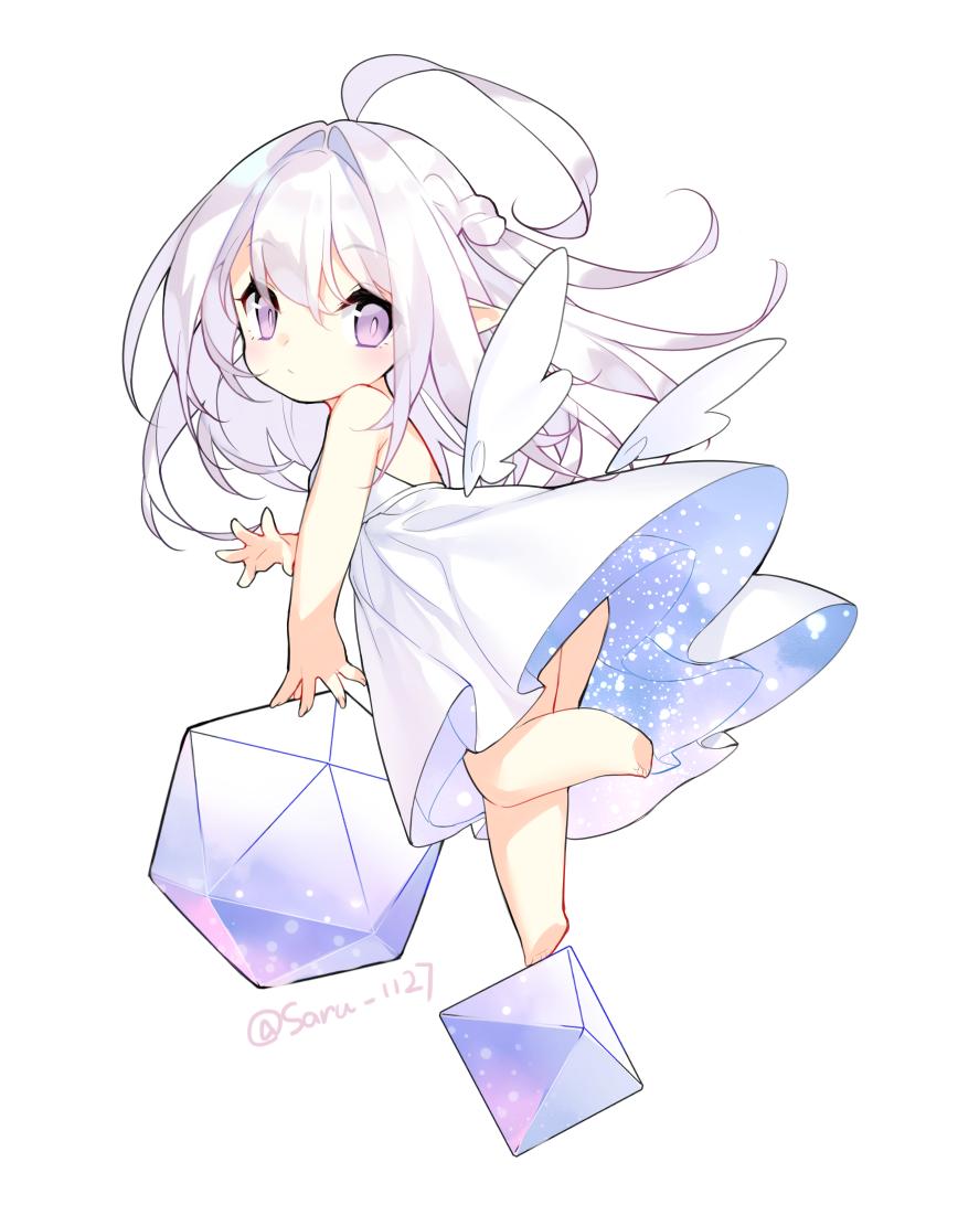 1girl ahoge angel_wings artist_name barefoot chibi dice dress expressionless full_body goddess_of_dice long_hair original pink_eyes pink_hair pointy_ears saru simple_background solo white_background white_dress wings