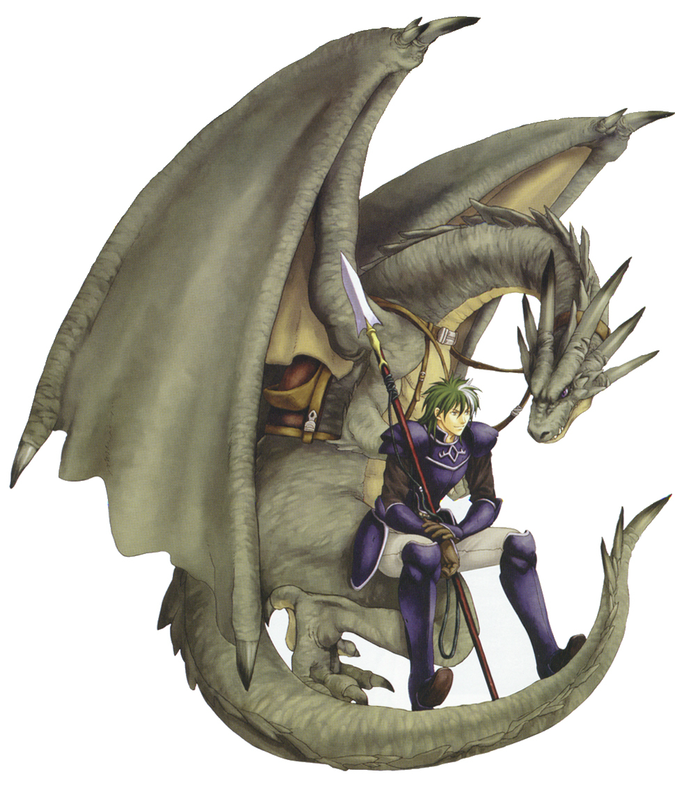 1boy armor dragon fire_emblem fire_emblem:_the_blazing_blade gloves green_hair heath_(fire_emblem) izuka_daisuke lance male_focus multicolored_hair nintendo polearm solo two-tone_hair weapon white_background white_hair