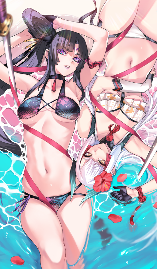 2girls armlet armpits asymmetrical_gloves azamaru_(fate) ban!_(bansankan) beach bikini black_bikini black_choker black_gloves black_hair blurry blurry_foreground breasts breasts_apart choker closed_mouth commentary cross-laced_bikini cross-laced_clothes day fate/grand_order fate_(series) fingerless_gloves from_above gloves hair_ornament hair_tie half_gloves horns jewelry katana kiichi_hogen_(fate) kiichi_hogen_(pinky_beach)_(fate) large_breasts linea_alba long_hair looking_at_viewer lying mismatched_gloves multiple_girls navel ocean official_art on_back parted_lips partially_submerged planted planted_sword planted_weapon pointy_ears purple_eyes red_ribbon ribbon ruffle_bikini sand side_ponytail sidelocks single_fingerless_glove smile sunlight swimsuit sword taira_no_kagekiyo_(fate) taira_no_kagekiyo_(pinky_beach)_(fate) tassel third-party_source underboob uneven_gloves ushiwakamaru_(fate) water weapon wet white_bikini white_hair yellow_eyes