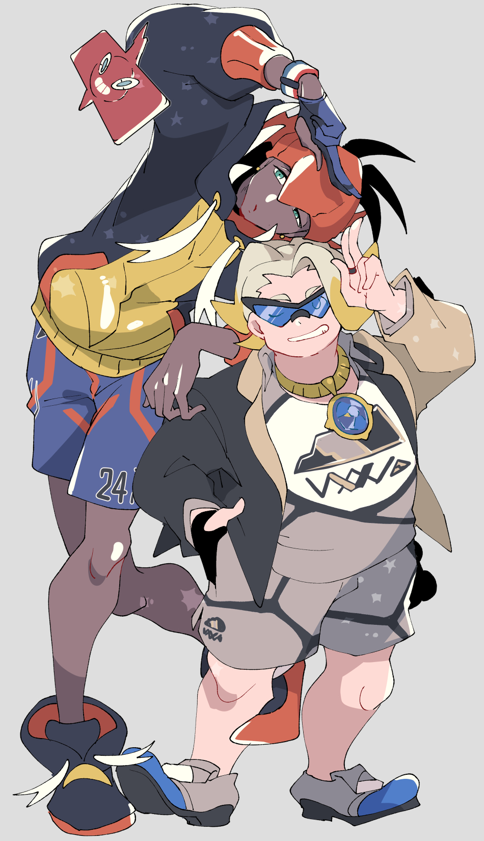 2boys black-framed_eyewear black_hair black_hoodie blonde_hair blue-tinted_eyewear dark-skinned_male dark_skin dynamax_band game_freak gen_4_pokemon gordie_(pokemon) grin headband highres hood hoodie jewelry male_focus maruboku multicolored_hair multiple_boys nintendo one_eye_closed orange_headband orange_headwear pokemon pokemon_(creature) pokemon_swsh raihan_(pokemon) rotom rotom_phone short_hair smile sunglasses tinted_eyewear two-tone_hair white_hair