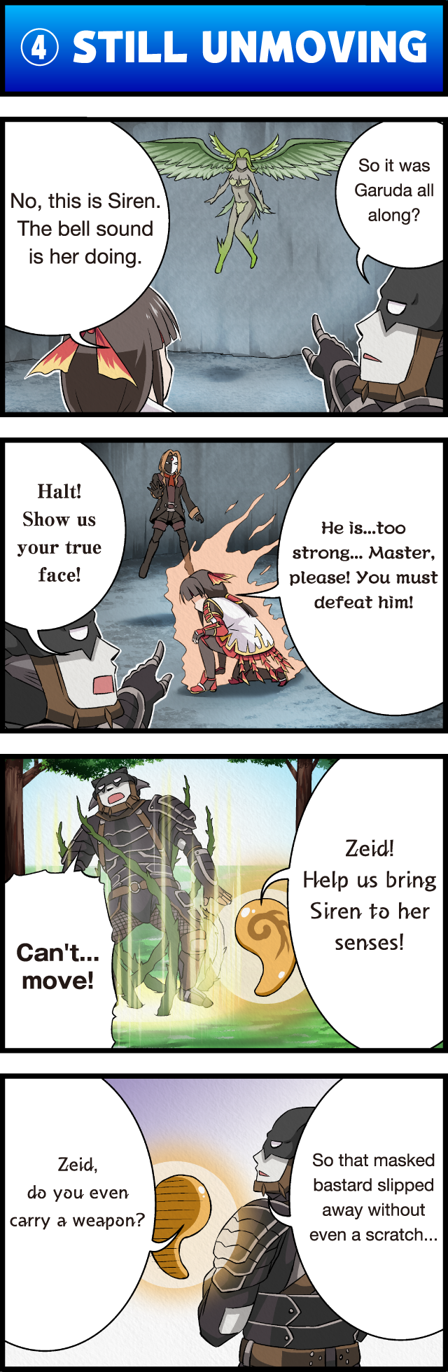 00s 4koma armor burning character_request comic english_text fairy final_fantasy final_fantasy_xi fingerless_gloves flying gloves glowing grass head_wings highres iroha_(ff11) japanese_armor mask navel orb outdoors plant pointing restrained siren_(final_fantasy) tomokichi tree volto_oscuro wings zeid