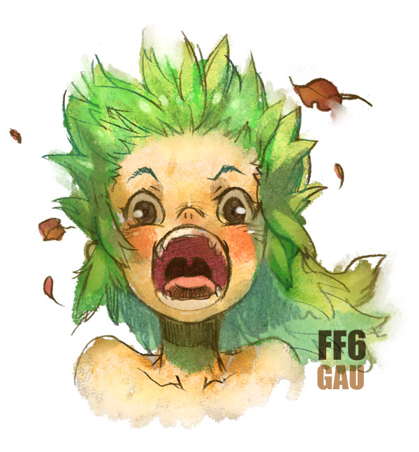 1boy blush brown_eyes falling_leaves fang final_fantasy final_fantasy_vi gau green_hair leaf leaves male_focus mawshot open_mouth portrait prema-ja roaring sharp_teeth teeth tongue uvula wild_hair